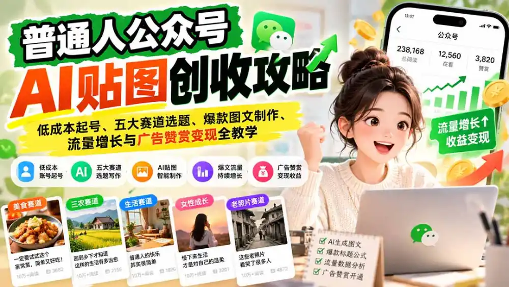 普通人公众号AI贴图创收攻略：低成本起号、五大赛道选题、爆款图文制作、流量增长与广告赞赏变现全教学-智云副业