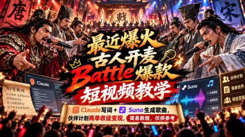 最近爆火古人开麦Battle爆款短视频教学，Claude写词+Suno生成歌曲，伙伴计划商单收徒变现，简易教程，仅供参考-智云副业