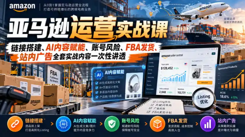 亚马逊运营实战课，链接搭建、AI内容赋能、账号风险、FBA发货、站内广告全套实战内容一次性讲透-智云副业