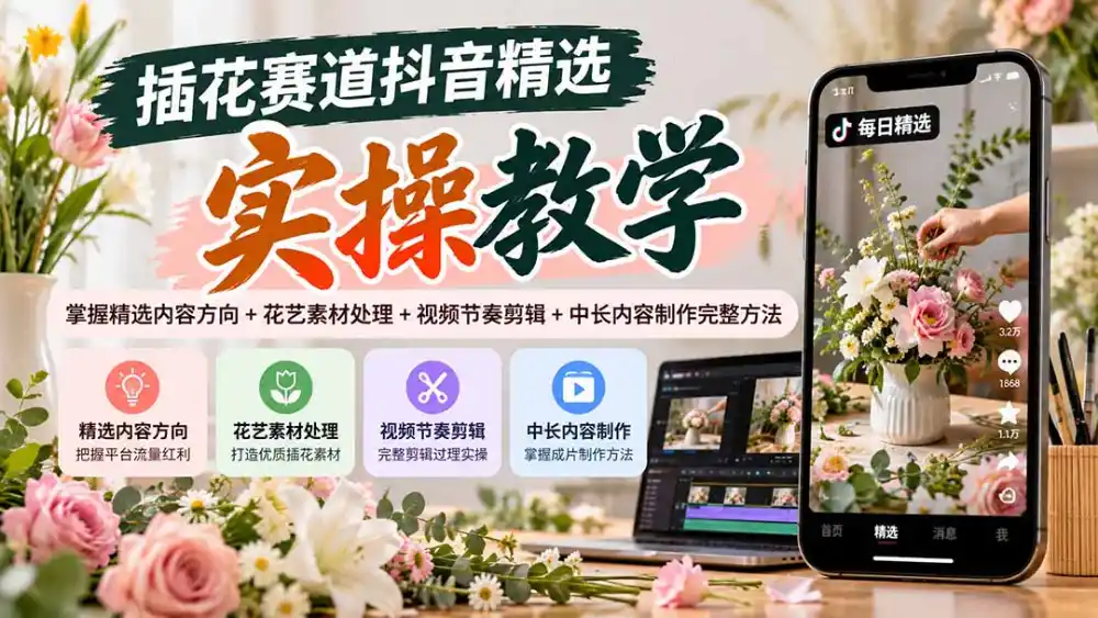 插花赛道抖音精选实操教学：掌握精选内容方向+花艺素材处理+视频节奏剪辑+中长内容制作完整方法-智云副业