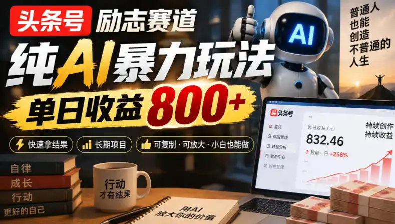 头条号励志赛道，纯AI暴力玩法，单日收益800+，快速拿结果，长期项目-智云副业