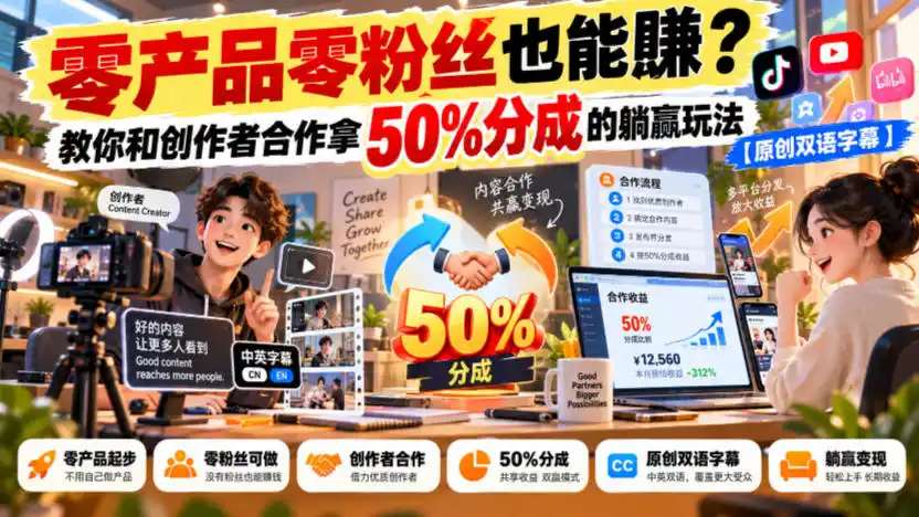 【无水印】零产品零粉丝也能賺？教你和创作者合作拿50%分成的躺赢玩法【原创双语字幕】-智云副业