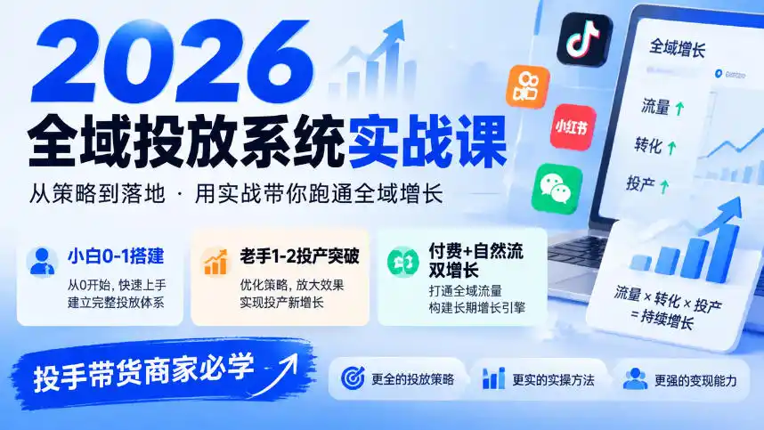 2026全域投放系统实战课，小白0-1搭建，老手1-2投产突破，付费+自然流双增长，投手带货商家必学-智云副业