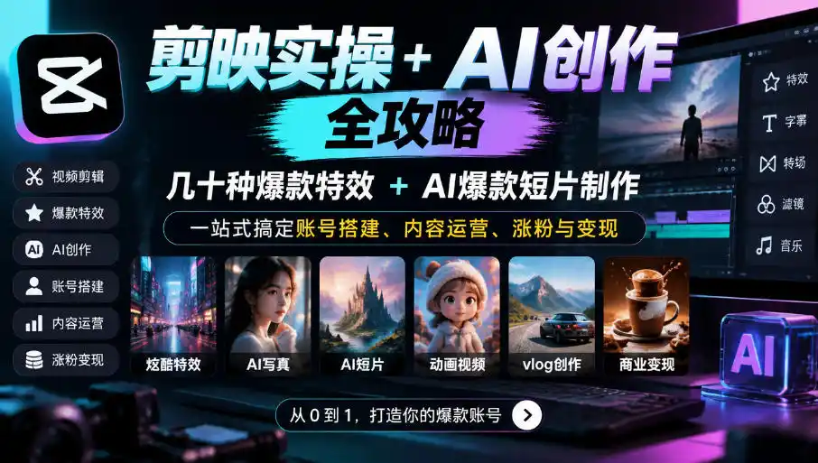 剪映实操+AI创作全攻略｜几十种爆款特效+AI爆款短片制作，一站式搞定账号搭建、内容运营、涨粉与变现-智云副业