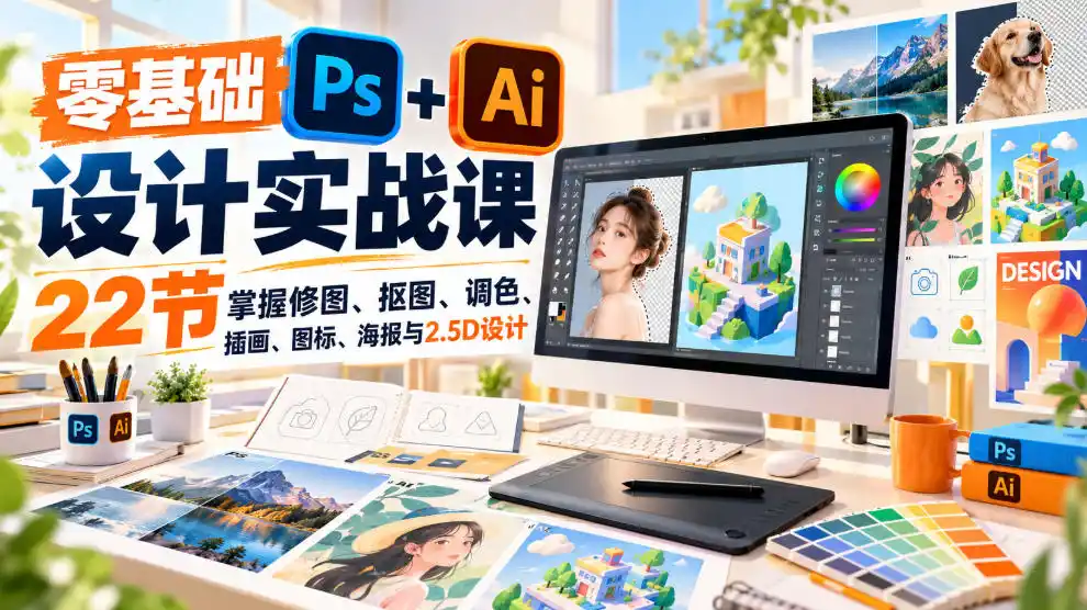 【无水印】零基础PS+AI设计实战课｜22节掌握修图、抠图、调色、插画、图标、海报与2.5D设计-智云副业