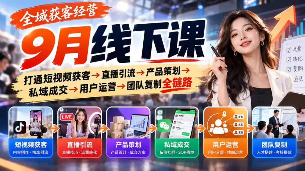 全域获客经营9月线下课：打通短视频获客→直播引流→产品策划→私域成交→用户运营→团队复制全链路-智云副业