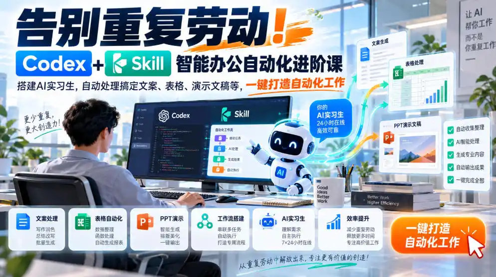 告别重复劳动！Codex+Skill智能办公自动化进阶课｜搭建AI实习生，自动处理搞定文案、表格、演示文稿等，一键打造自动化工作-智云副业