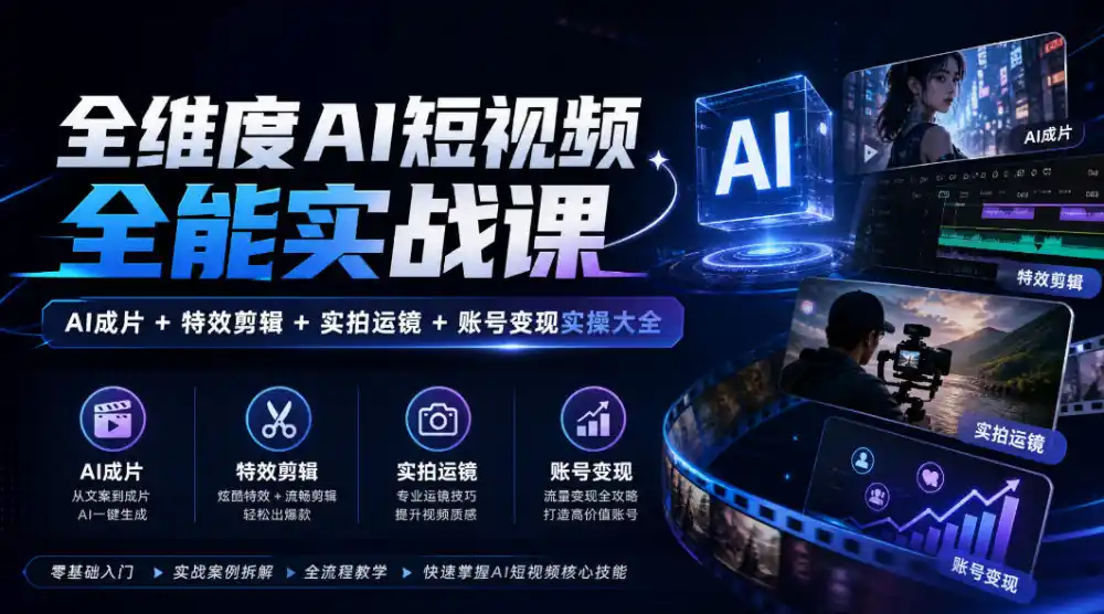 全维度AI短视频全能实战课，AI成片+特效剪辑+实拍运镜+账号变现实操大全-智云副业