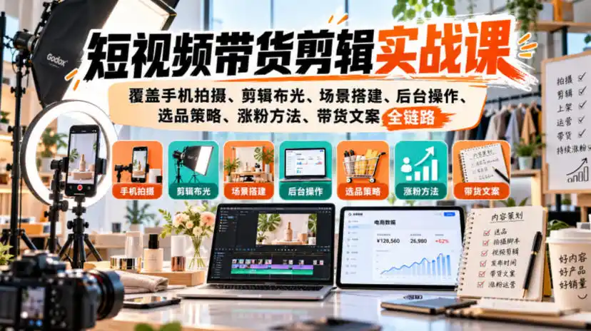短视频带货剪辑实战课，覆盖手机拍摄、剪辑布光、场景搭建、后台操作、选品策略、涨粉方法、带货文案全链路-智云副业