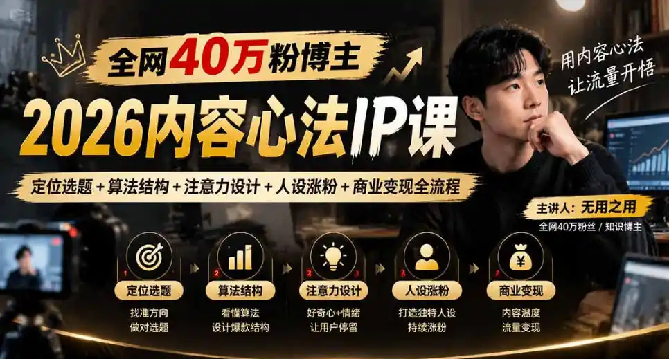 【无水印】全网40W粉博主的2026内容心法IP课，定位选题+算法结构+注意力设计+人设涨粉+商业变现全流程-智云副业