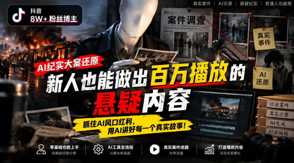 抖音8W粉丝博主的AI纪实大案还原教学，新人也能做出百W播放的悬疑内容，抓住AI风口红利，用AI讲好每一个真实故事(更新1014)-智云副业
