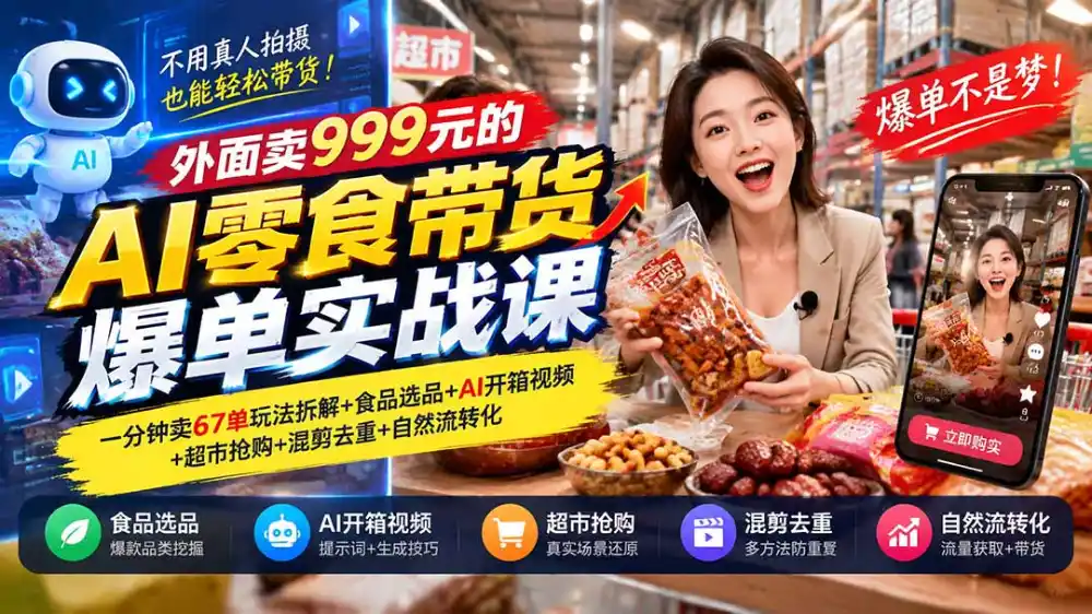 外面卖999元的AI零食带货爆单实战课｜一分钟卖67单玩法拆解+食品选品+AI开箱视频+超市抢购+混剪去重+自然流转化-智云副业